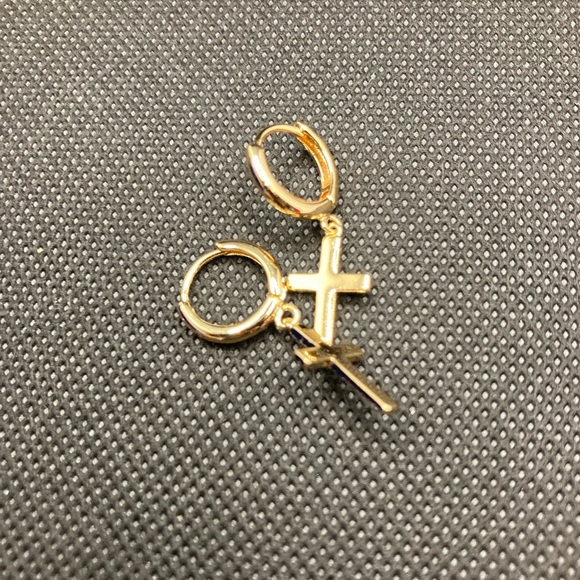 Cross Earrings Gold Huggie Hoop Dangle Drop - Picture 5 of 9